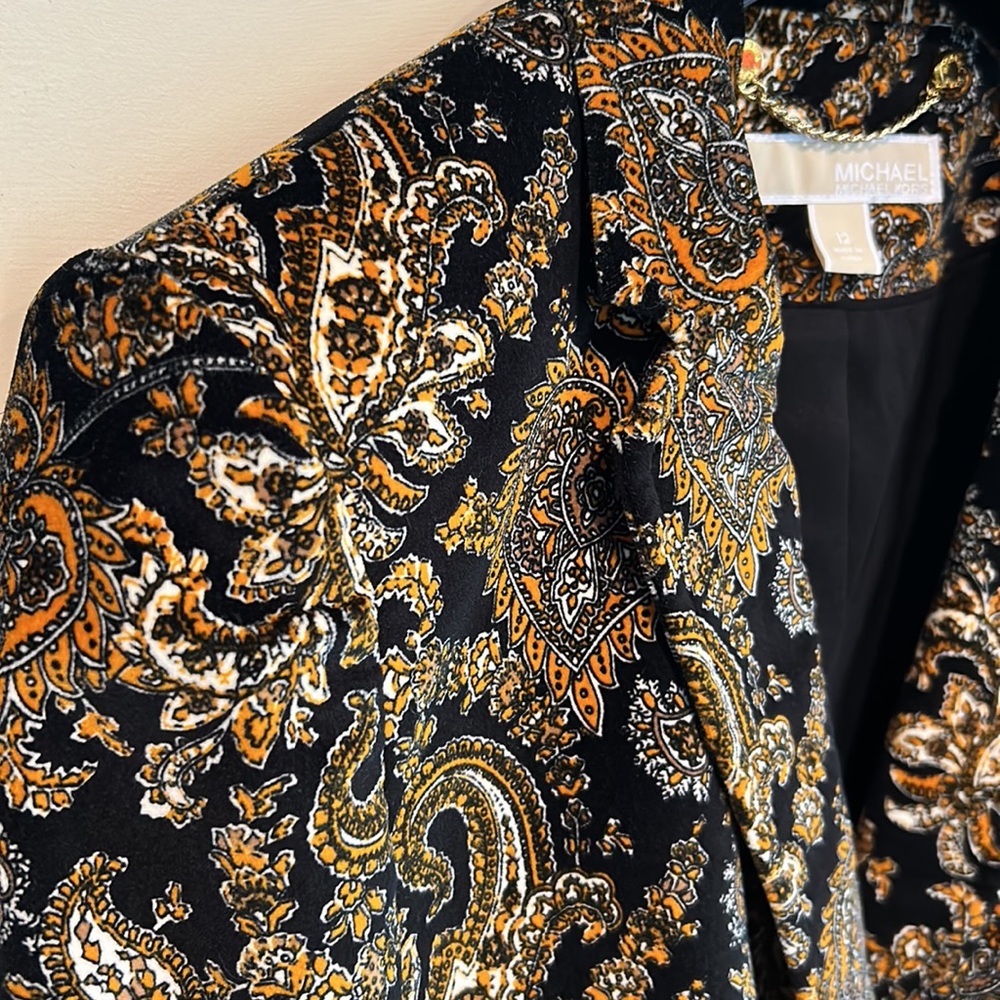 NWOT Velveteen Blazer MICHAEL KORS Black/Marigold/Ivory some stretch & fitted - Picture 3 of 13
